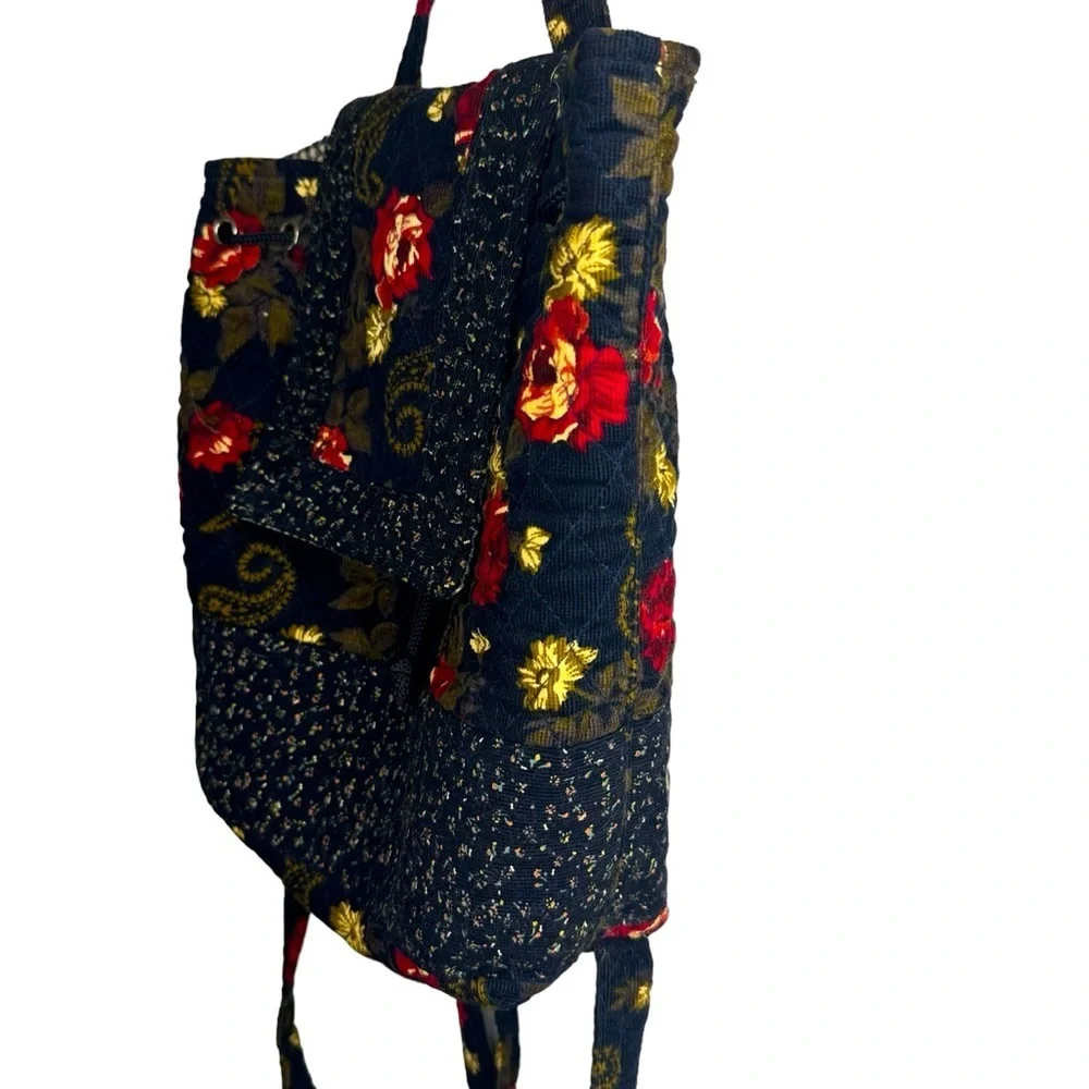 Vintage Scandia Floral Book Bag / Back Pack Black / Red / Yellow Plaid Interior